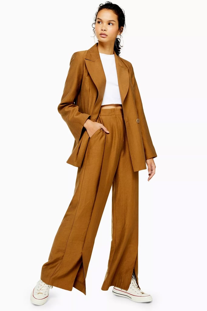 Topshop Dark Camel Raw Hem Single Breasted Suit