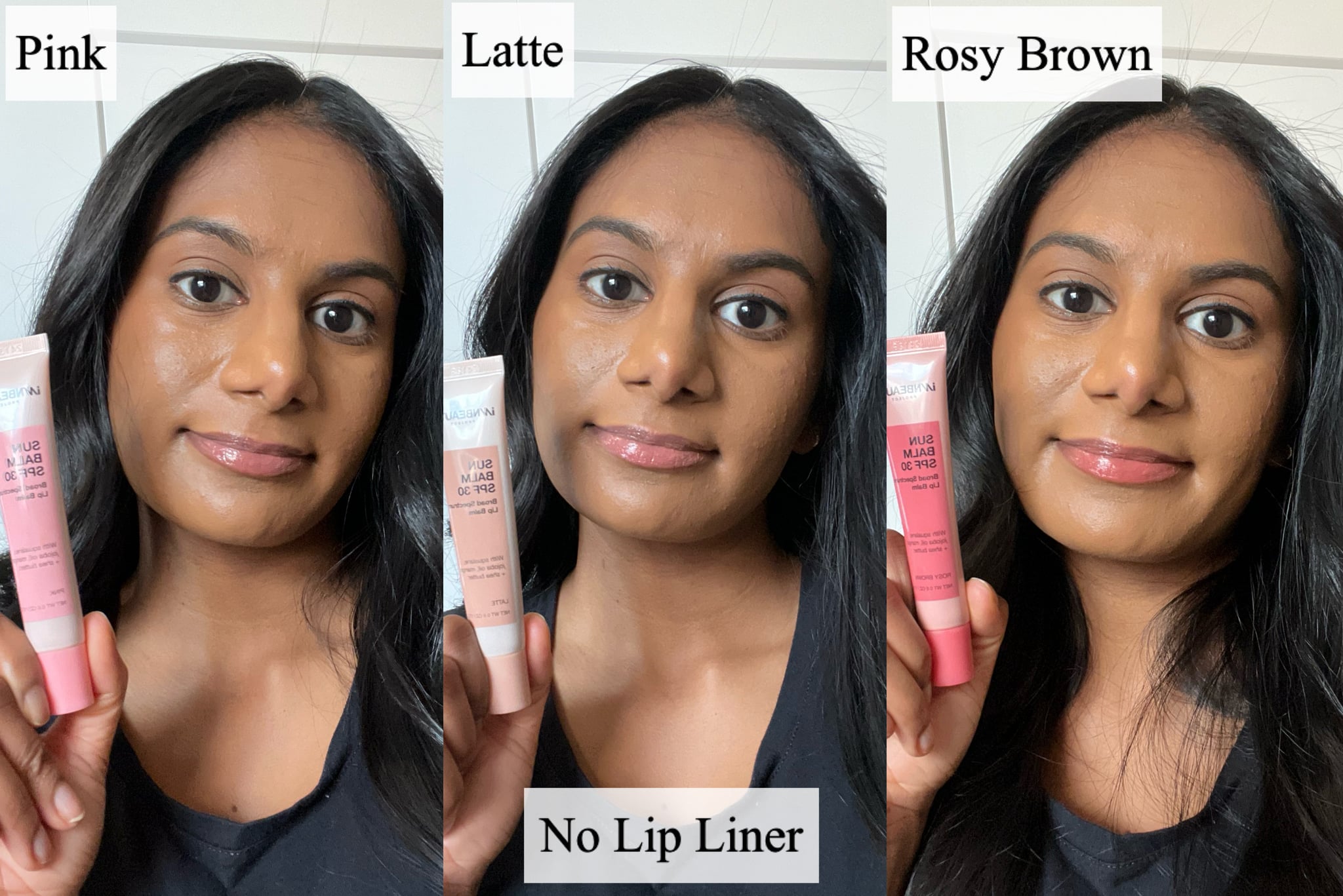 Woman swatching the Innbeauty Project Sun Balm SPF 30 in all three shades: Pink (sheer baby pink), Latte (sheer milky chocolate brown), and Rosy Brown (sheer pink mauve).