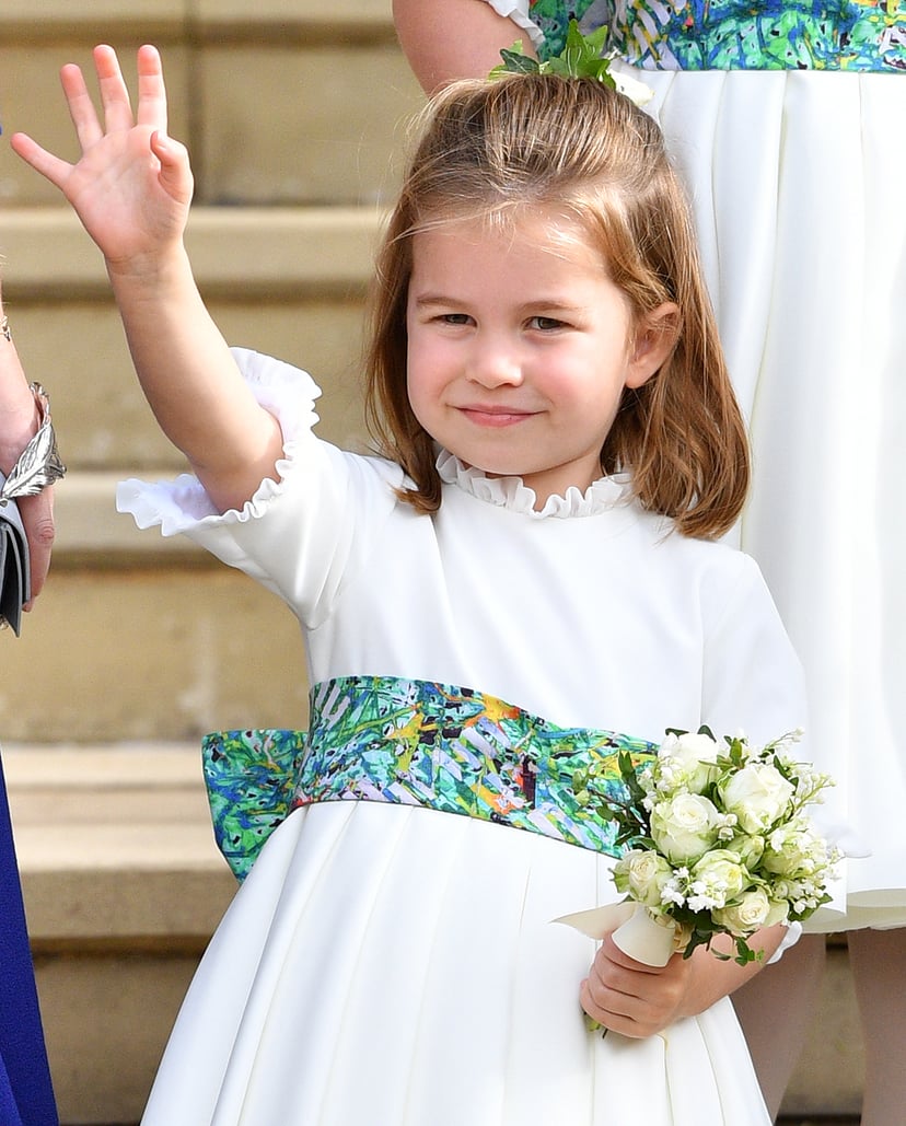 WINDSOR, UNITED KINGDOM - OCTOBER 12: (EMBARGOED FOR PUBLICATION IN UK NEWSPAPERS UNTIL 24 HOURS AFTER CREATE DATE AND TIME) Princess Charlotte of Cambridge attends the wedding of Princess Eugenie of York and Jack Brooksbank at St George's Chapel on Octob
