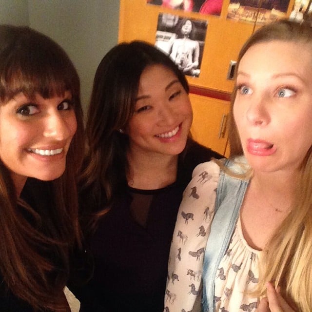 Lea Michele shared a photo with her Glee costars Jenna Ushkowitz and Heather Morris while shooting the show's 100th episode.
Source: Instagram user msleamichele