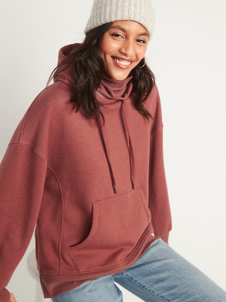 Oversized Rib-Knit Funnel-Neck Pullover Hoodie