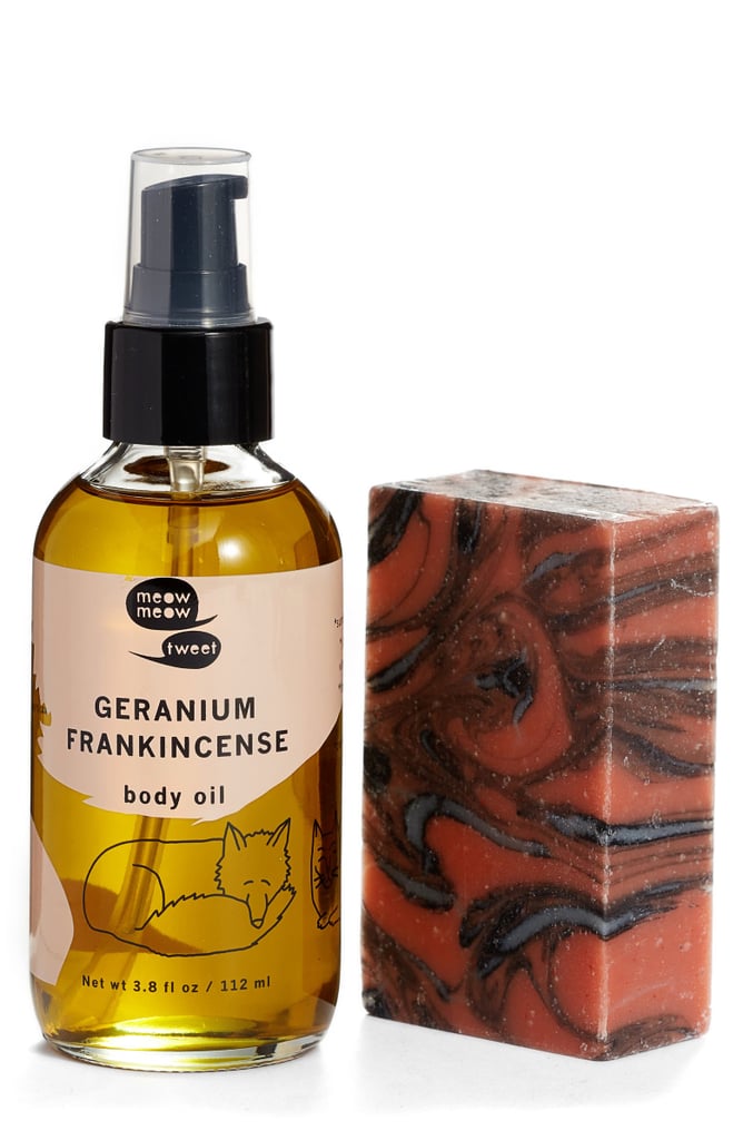 Meow Meow Tweet Geranium Frankincense Body Oil and Rose Charcoal Bar Soap