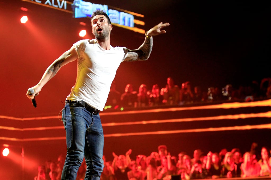 Adam Levine performed on stage at VH1's Super Bowl Fan Jam at the Pepsi Coliseum in Indiana in 2012.