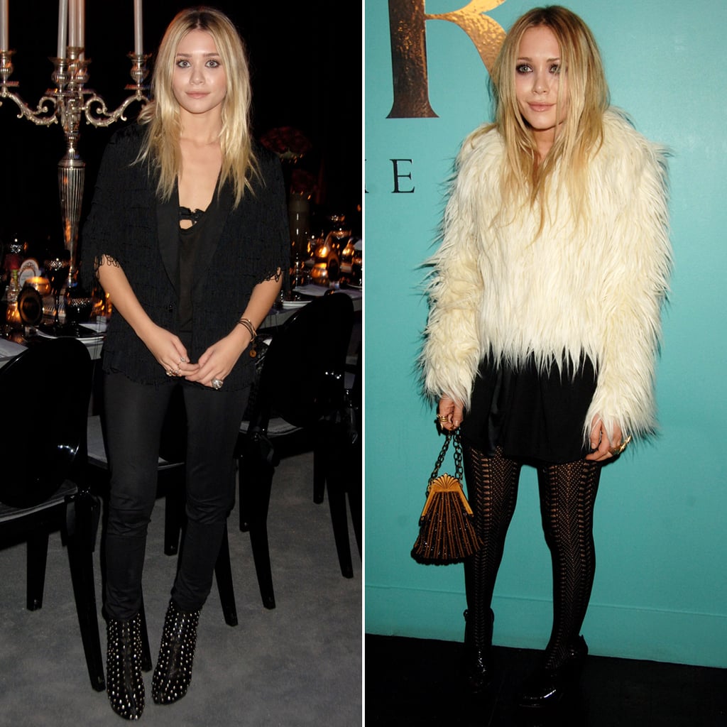 Twinning combo: The twins doubled down on texture and embellishments during a launch dinner for The Row in 2007.

Ashley went edgy in a fringed blazer and studded leather boots.
Mary-Kate played nicely with a furry white jacket, black mini, and printed tights.