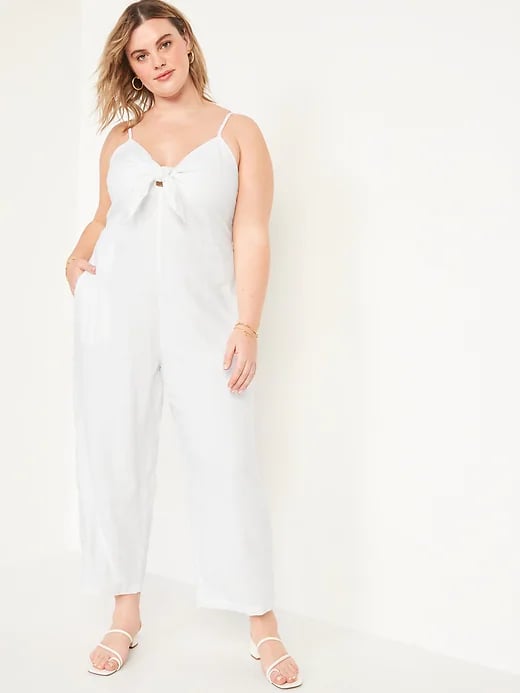 Old Navy Cropped Smocked Knotted Linen-Blend Cami Wide-Leg Jumpsuit