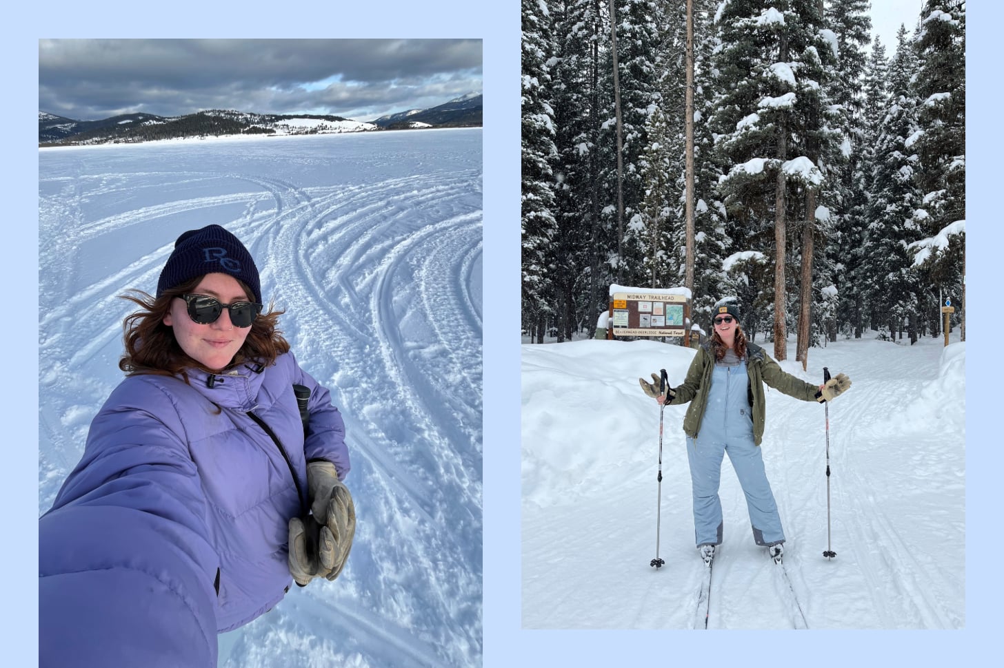 A young woman in snow gear doing soft adventure activities like cross country skiing and ice fishing in Montana's Rock Creek Valley.