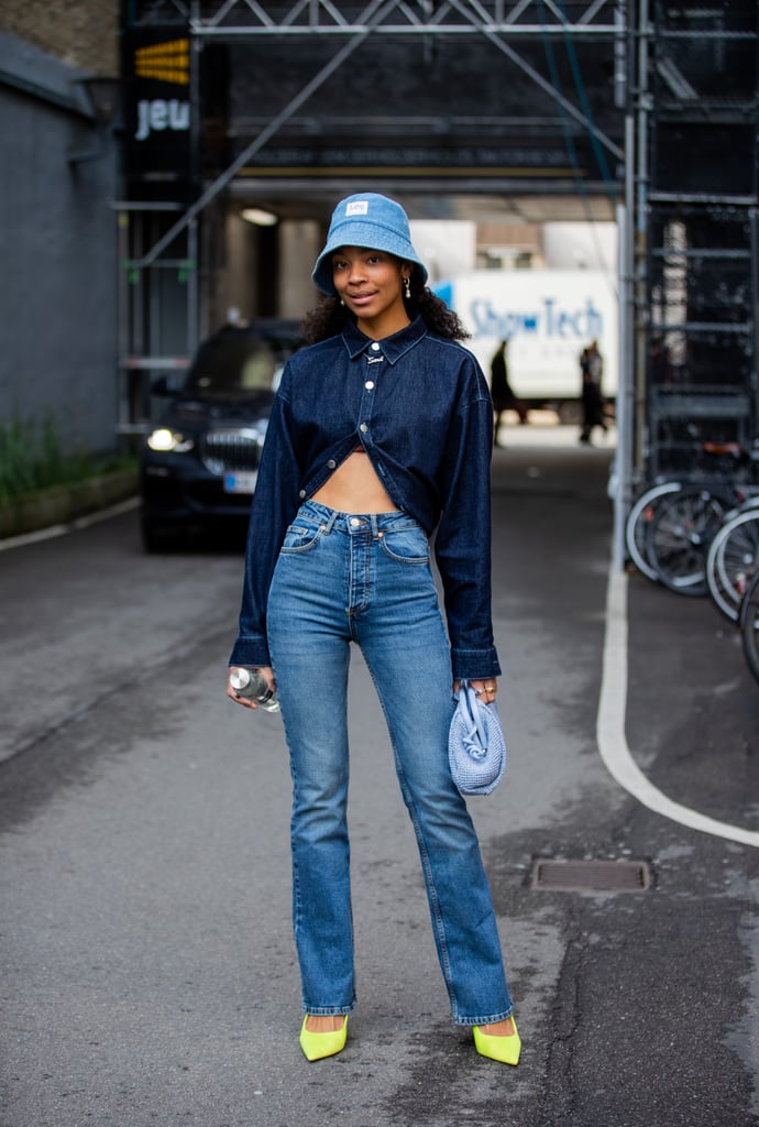 Dark Denim Shirt, Medium Denim Jeans, Light Denim Bucket Hat