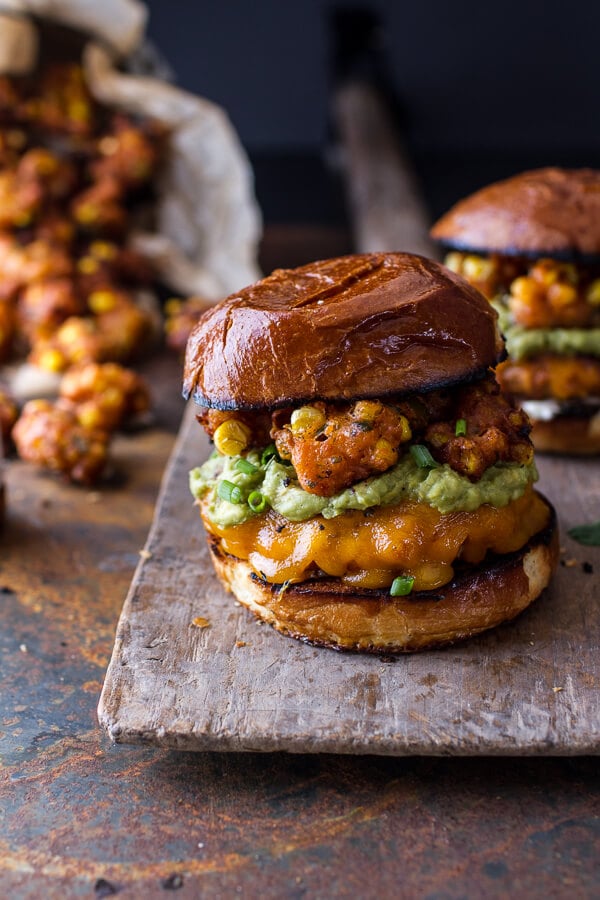 Smoky Chipotle Cheddar Burgers With Mexican Street Corn Fritters ...