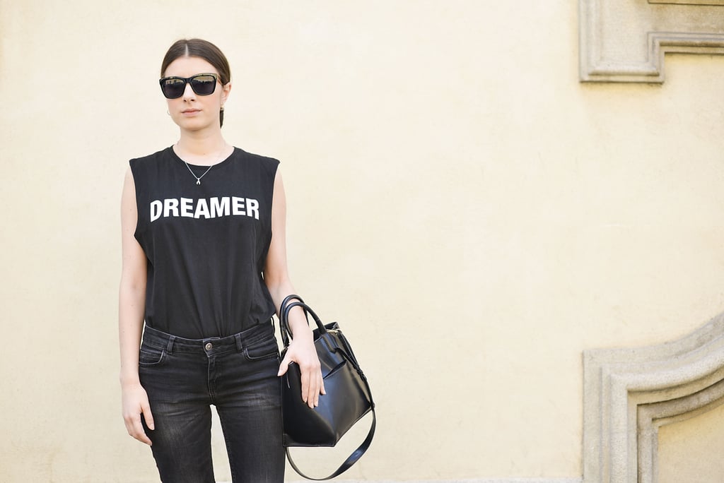 A statement tee did all the talking with this black-on-black look.