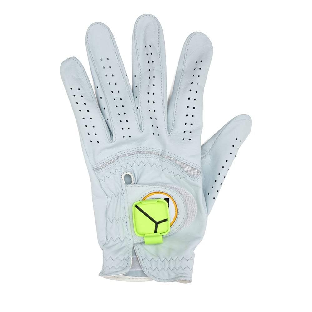 A golf sensor motion device ($100) attaches to a golf glove and lets him see his swing in 3D from iPhone, iPad, or iPod touch. It also works with an app that measures club head speed, hand path, tempo, and other stats.