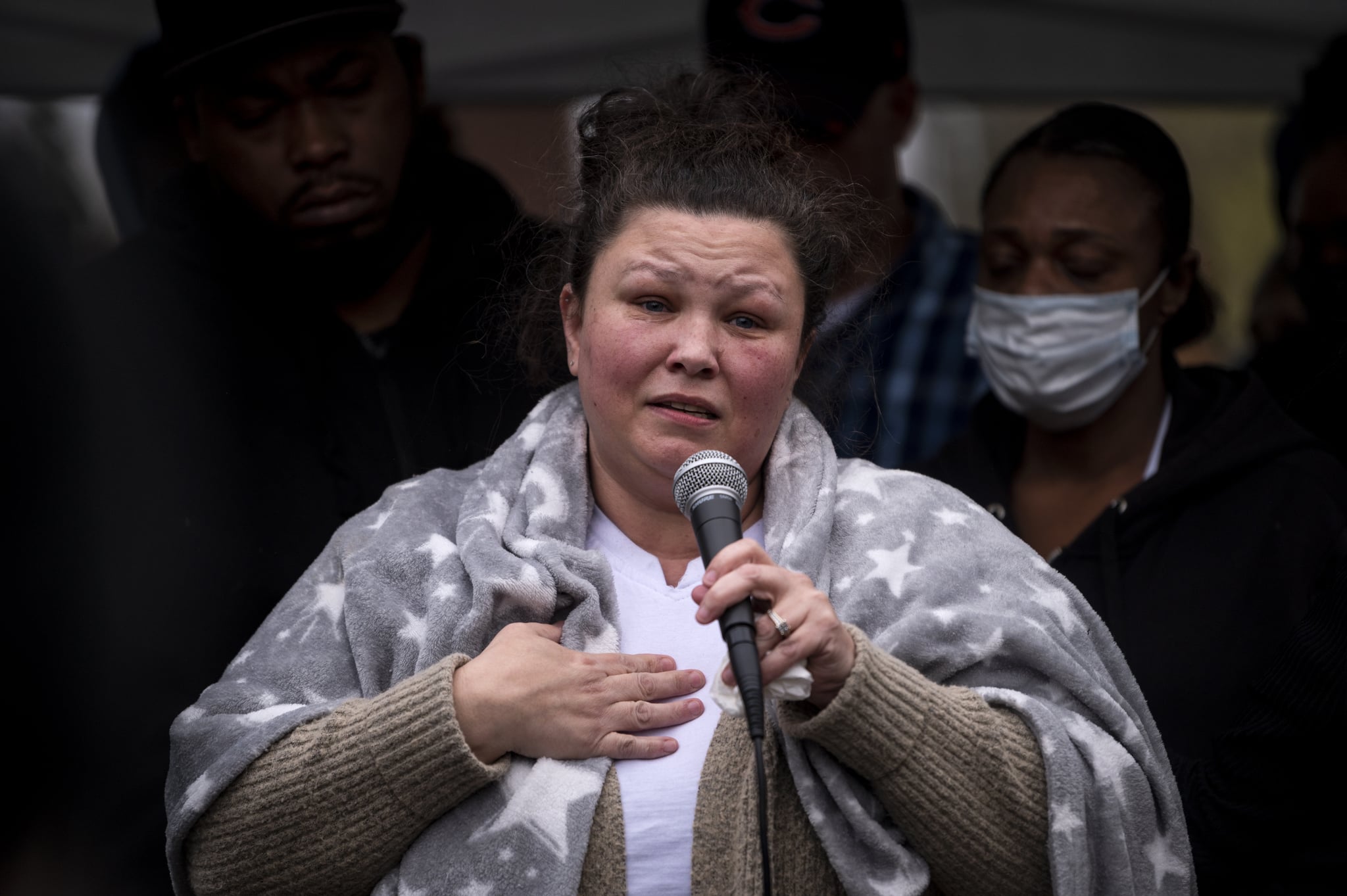 BROOKLYN CENTER, MN - APRIL 12: Katie Wright speaks during a vigil for her son Daunte Wright on April 12, 2021 in Brooklyn Centre, Minnesota. Wright was shot and killed yesterday by Brooklyn Centre police during a traffic stop. (Photo by Stephen Maturen/Getty Images)