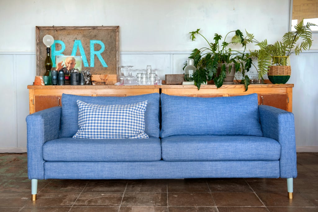 Pictured:

Karlstad three seater sofa cover in strand laundered linen chambray blue
Cushion cover in vreta gingham blue/white