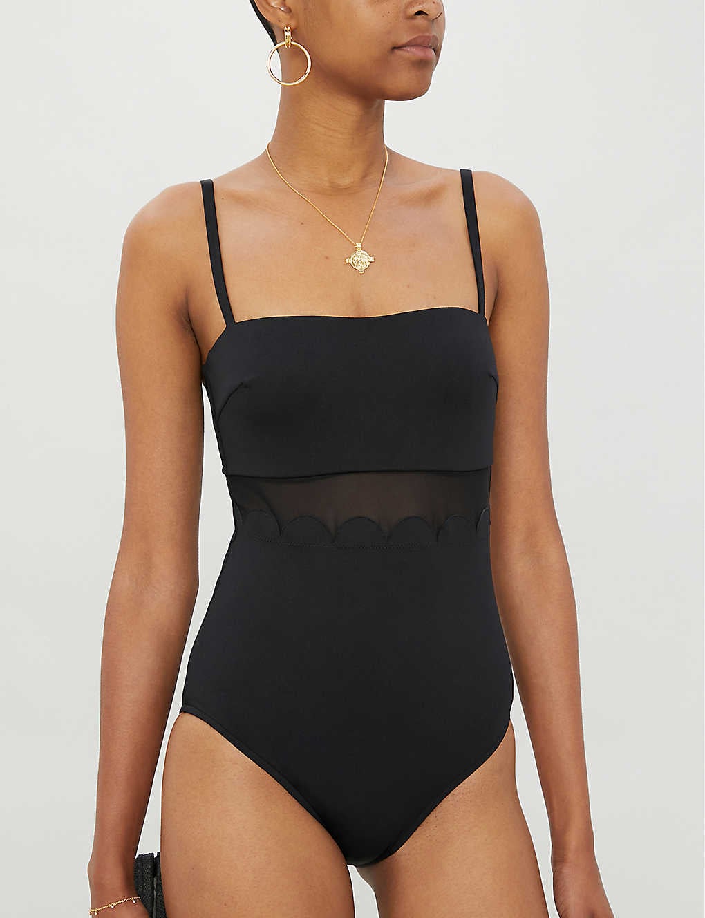black one piece swimsuit with sheer panels
