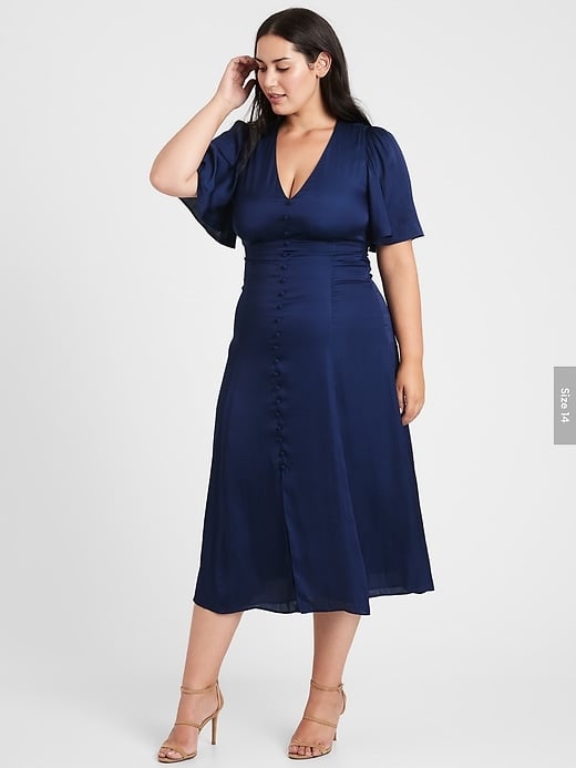 Satin Flutter-Sleeve Midi Dress 