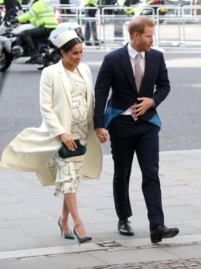 Meghan Markle Fall Outfit Idea: A White Printed Dress, Matching Coat, and Hat
