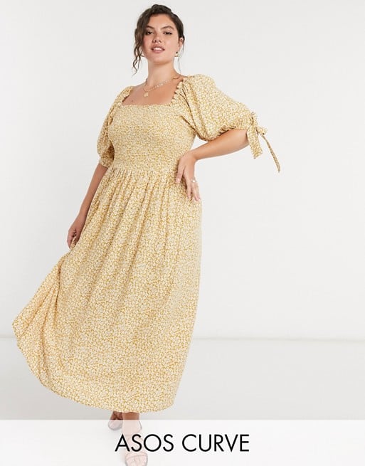 ASOS Design Curve Shirred Maxi Dress in Mustard Ditsy Floral Print