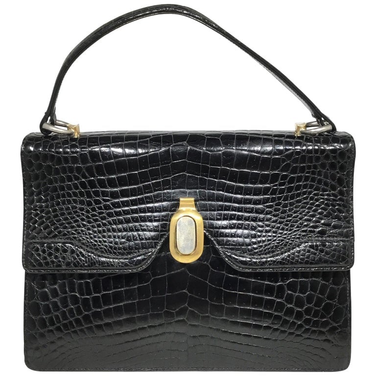 Vintage Gucci 1960s Black Leather Kelly Hand Bag