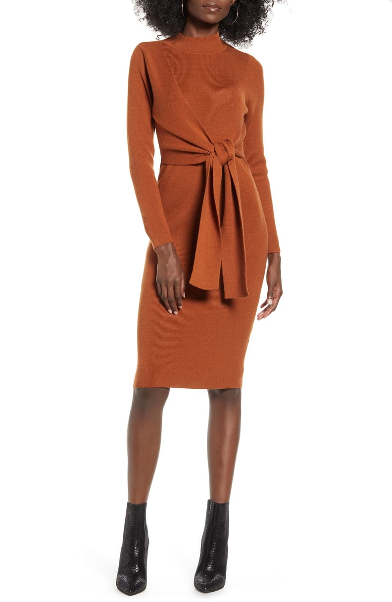 All in Favor Tie Front Long Sleeve Midi Sweater Dress