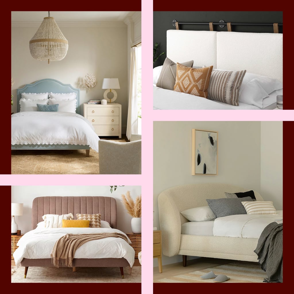 Side-by-side comparison of two styled bedrooms: on the left, a traditional setup with a light blue headboard, layered white bedding, and a woven chandelier; on the right, a modern bedroom with a curved upholstered bed, neutral bedding, and minimalist wall art, highlighting contrasting design styles.