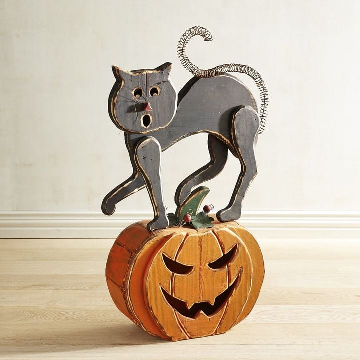 Black Cat on Jack-o'-Lantern Wooden Pumpkin
