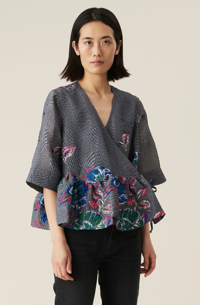 Ganni Crinkled Jacquard Oversized Ruffled Wrap Top