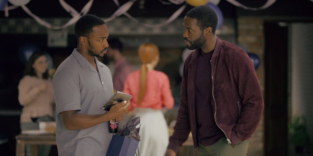 Anthony Mackie (Avengers: Endgame) and Yahya Abdul-Mateen II (Aquaman) have a tense discussion in a still from their episode, which seems to involve some relationship problems for Mackie.