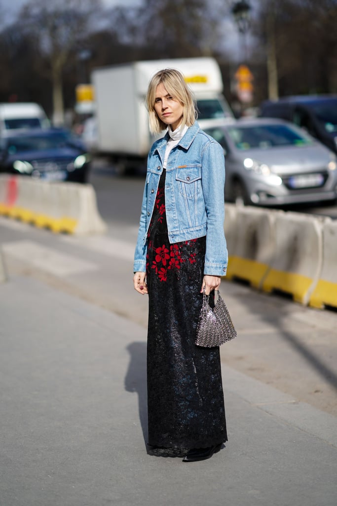 A light-wash denim jacket makes evening pieces feel daytime appropriate.