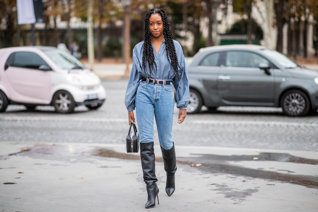 Lean into the western trend by accenting with a double-buckle belt and knee-high boots.