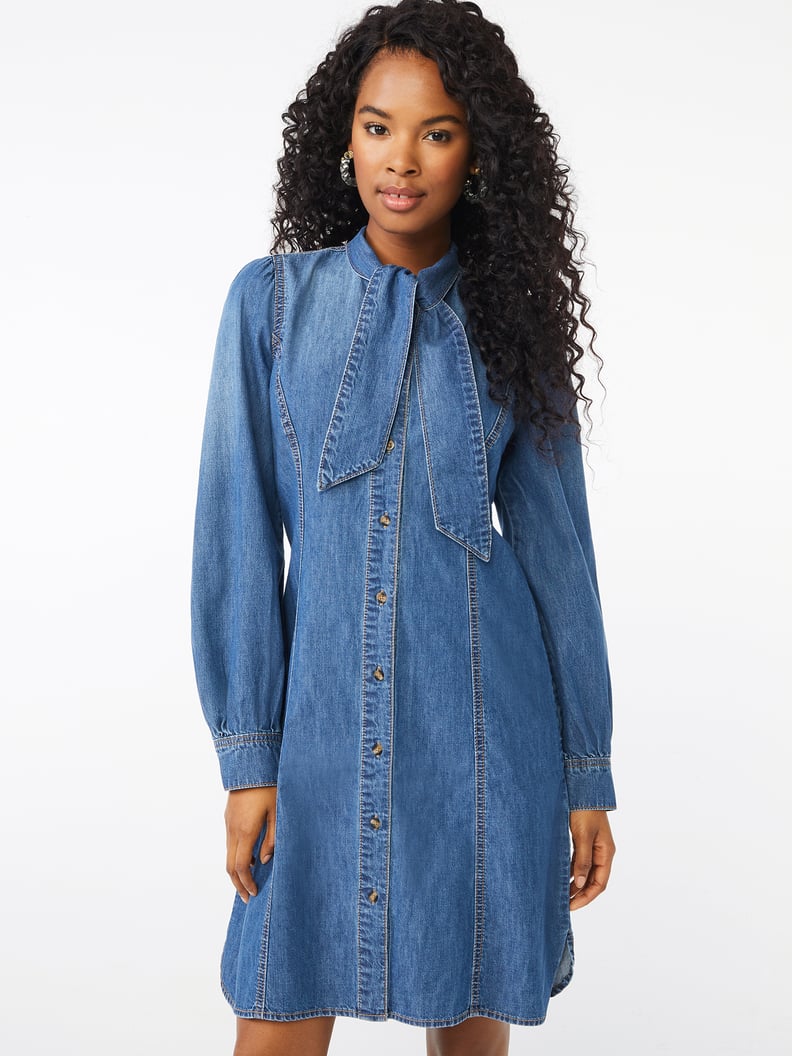 A Denim Dress: Scoop Tie-Neck Denim Shirt Dress