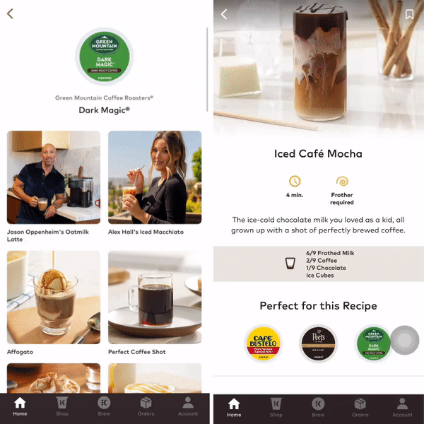 Screenshot of the Keurig app for the K-Cafe smart coffee machine.  The left side shows the recipes available for the chosen K-Cup pod roast, the Dark Magic from Green Mountain Coffee Roasters.  The right side shows a recipe for Iced Cafe Mocha in Barista Mode.