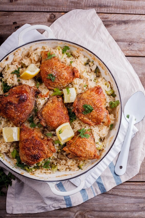 Crispy Chicken Thighs With Cheesy Broccoli Rice