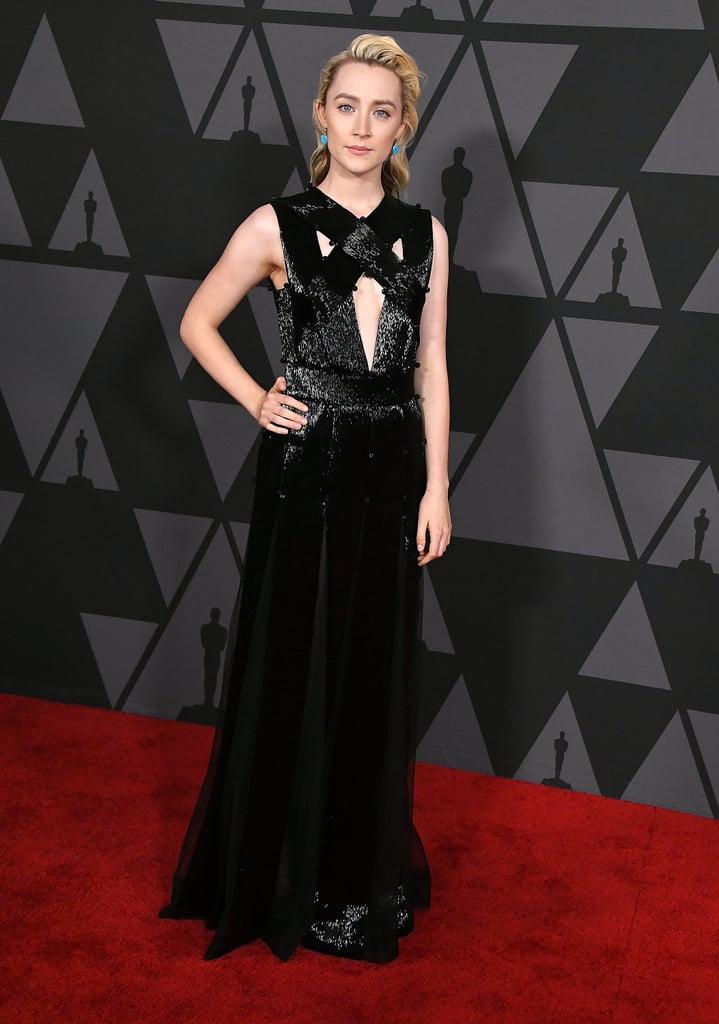 At the 2017 Academy of Motion Picture Arts and Sciences Governors Awards wearing an embellished Ralph & Russo gown that featured cutouts. She finished off her look with Irene Neuwirth jewels.
