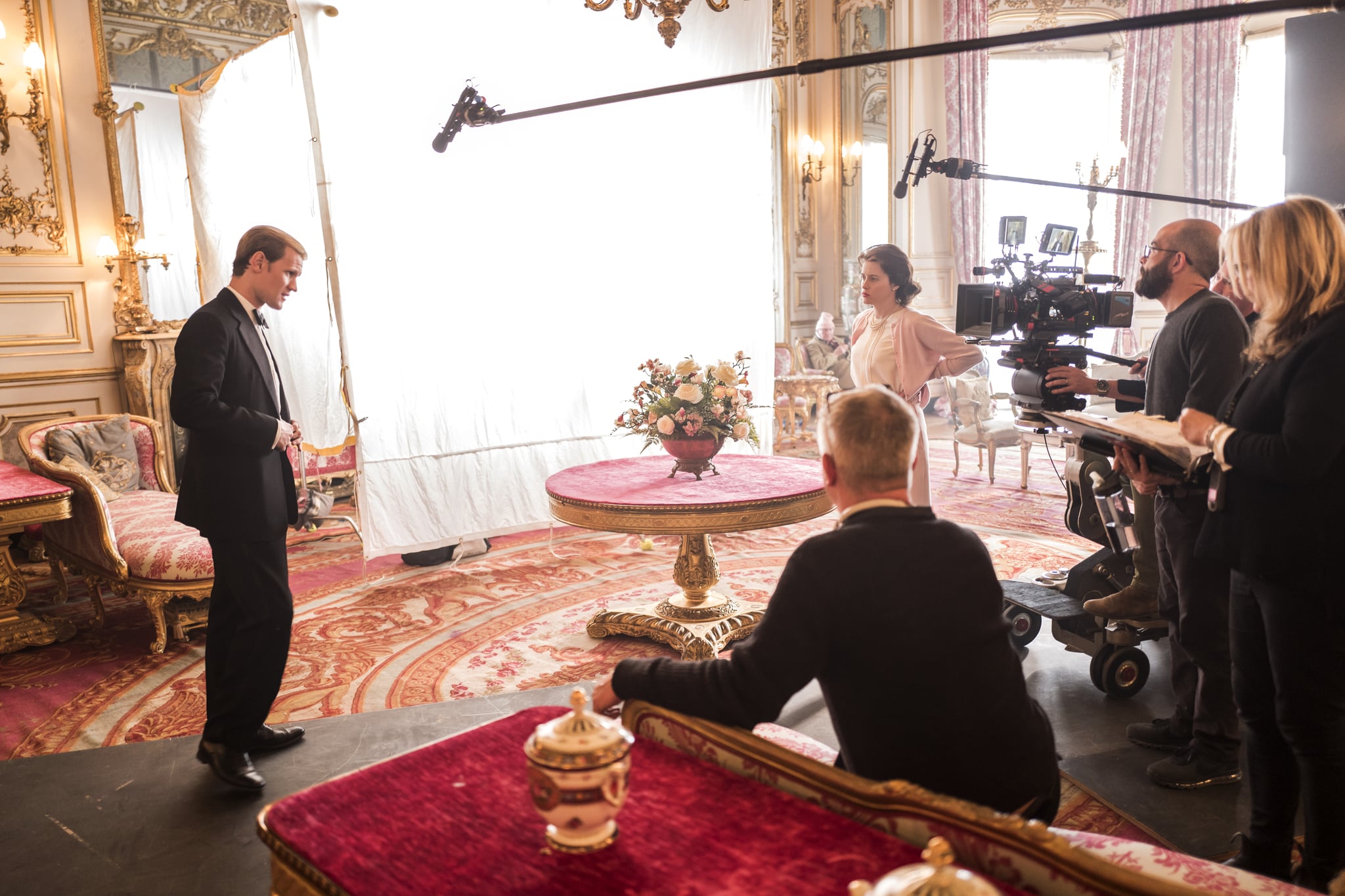 The Crown - Matt Smith, Stephen Daldry, Claire Foy - Matt Smith and Claire Foy film with director Stephen Daldry at Belvoir Castle (Windsor Castle)