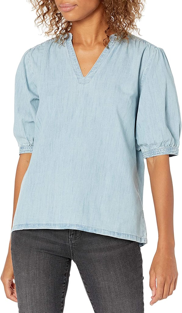 Goodthreads Women's Relaxed Fit Denim Puff Sleeve V-Neck Shirt