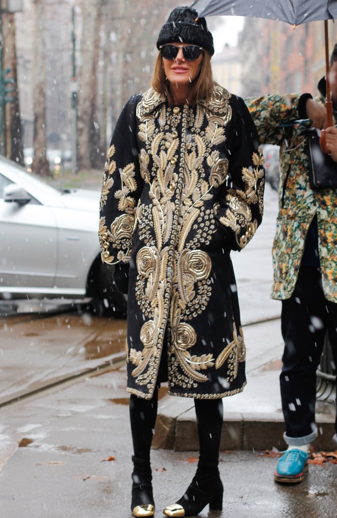 Anna Dello Russo dressed the part of fashion royalty in a gilded coat and gold-capped boots.
Anna Dello Russo dressed the part of fashion royalty in a gilded coat and gold-capped boots.