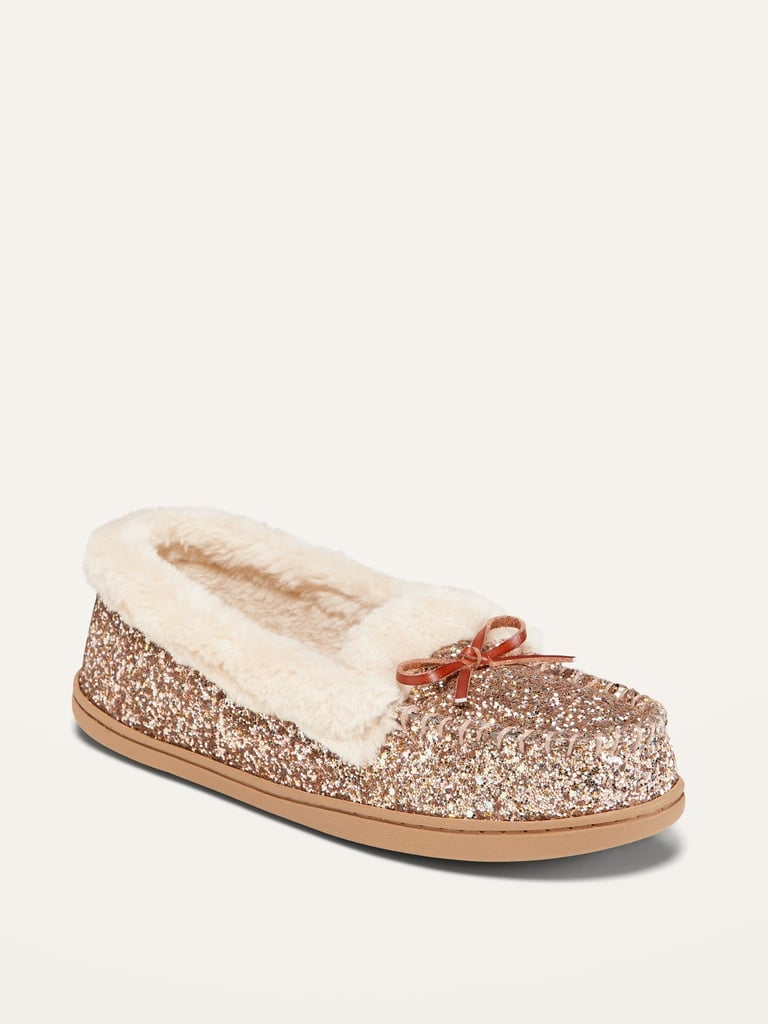 Glitter Faux-Fur Lined Moccasin Slippers
