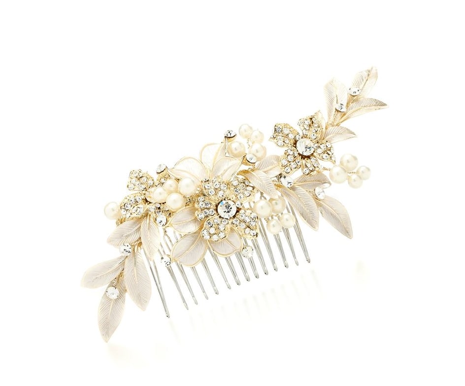 Mariell Designer Gold Bridal Hair Comb with Hand Painted Silvery-Golden Leaves and Pave Crystals ($40)