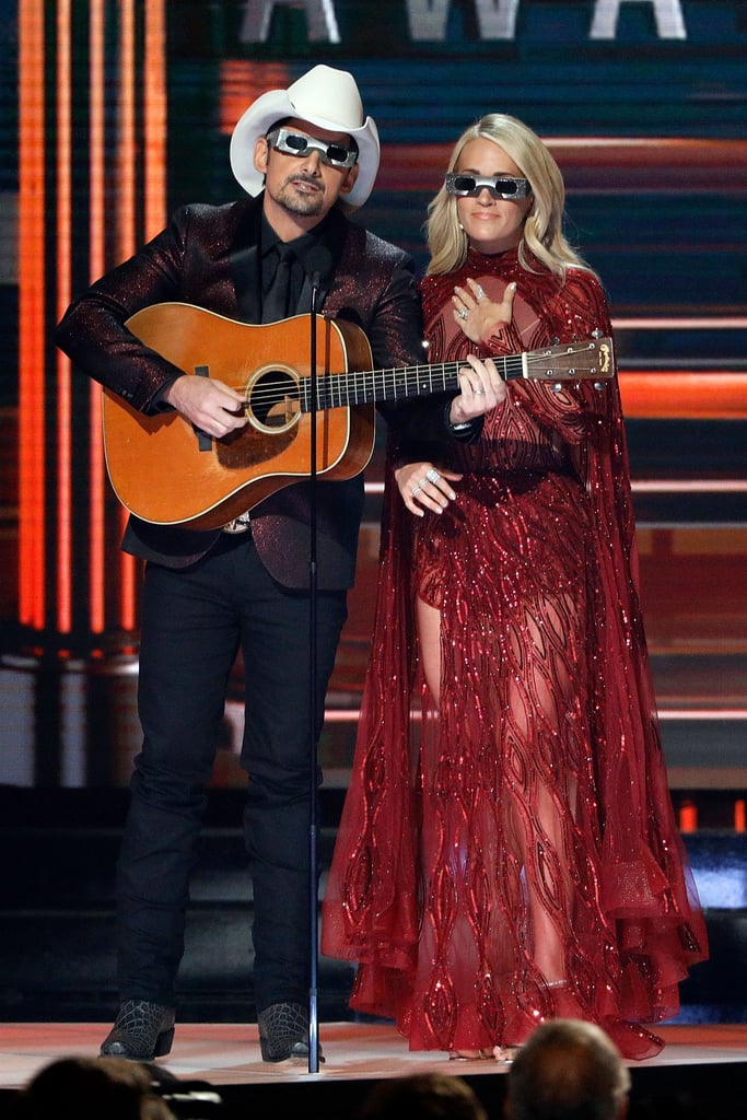 For the opening act, Carrie wore a red sequin caped gown and silver metallic heels.