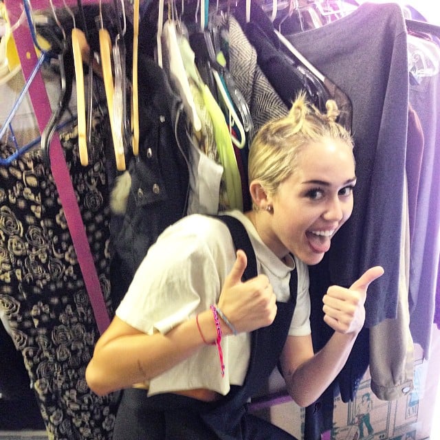 Miley Cyrus flashed her usual tongue and thumbs up sign. 
Source: Instagram user mileycyrus