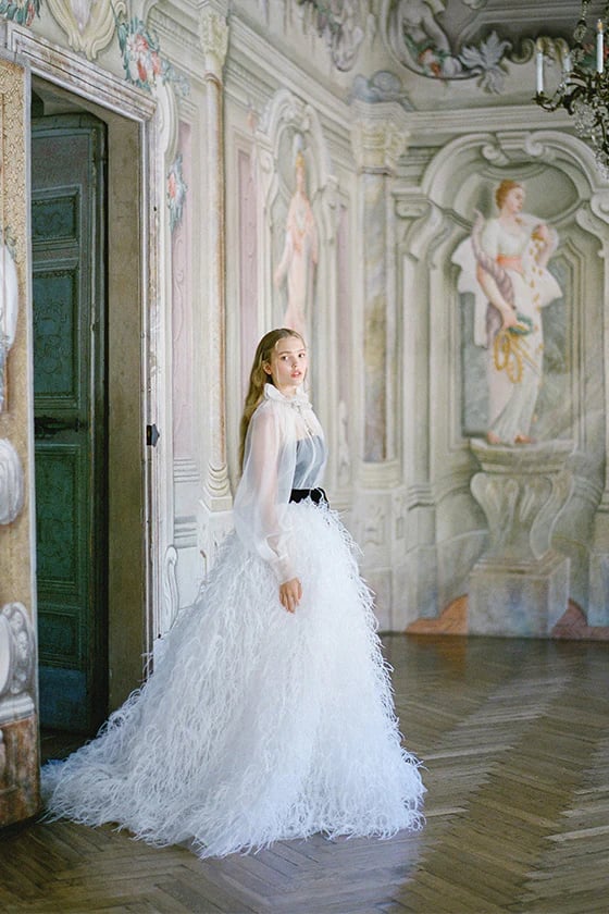 Unique Lace Wedding Dress in Sparkly Feather Pattern With Nude