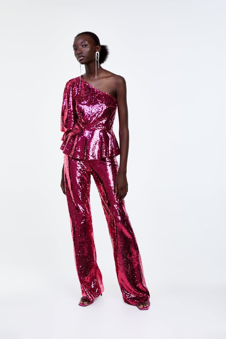 Zara Limited Edition Sequinned Asymmetric Top and Flared Trousers