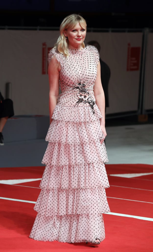 For the 2017 Venice Film Festival, Kirsten wore a pink, ruffled Rodarte tier dress.