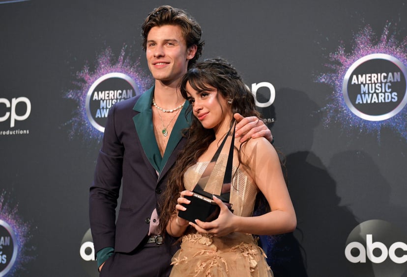 LOS ANGELES, CALIFORNIA - NOVEMBER 24: (L-R) Shawn Mendes and Camila Cabello, winners of the Collaboration of the Year award for 'Señorita,' pose in the press room during the 2019 American Music Awards at Microsoft Theater on November 24, 2019 in Los Ange