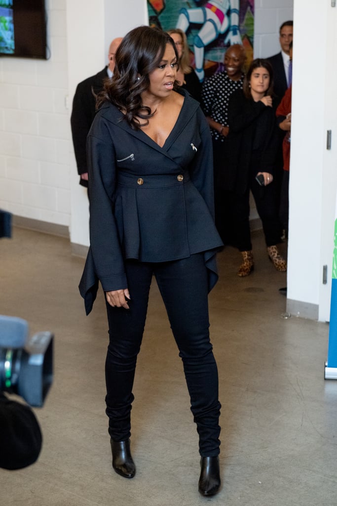 In December 2018, Michelle Obama made an appearance in New York to promote her memoir. For the occasion, she wore skinny jeans with a top by Adeam and black boots.