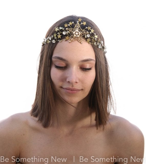 Celestial Wedding Crown Gold Stars Bridal Headpiece