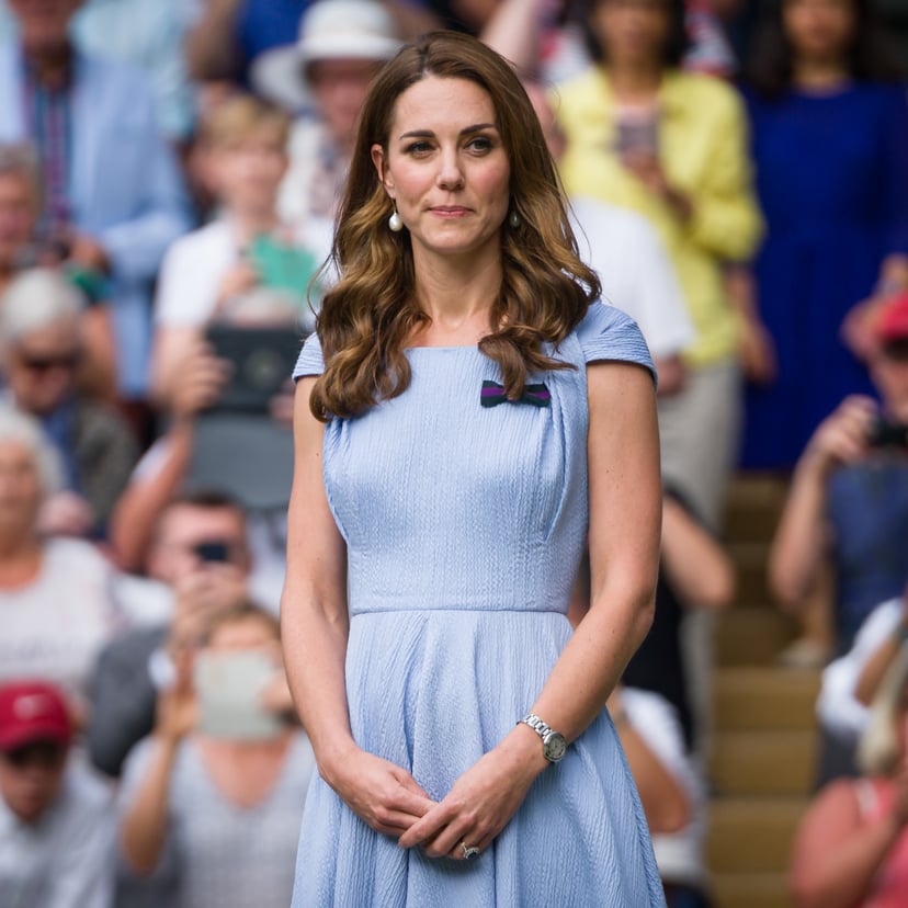LONDON, ENGLAND - JULY 14: Catherine Duchess of Cambridge watches the Men's Singles Final between Novak Djokovic of Serbia and Roger Federer of Switzerland during day thirteen of the Championships - Wimbledon 2019 at All England Lawn Tennis and Cro