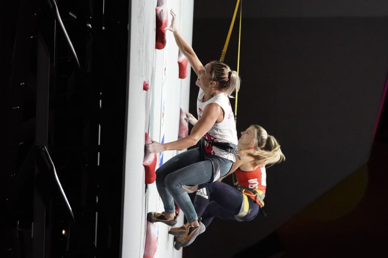 HACHIOJI, JAPAN - AUGUST 20: Aleksandra Miroslaw (front) of Poland and Petra Klingler of Switzerland compete in the Speed during Combined Women's Final on day ten of the IFSC Climbing World Championships at the Esforta Arena Hachioji on August 20, 2019 in
