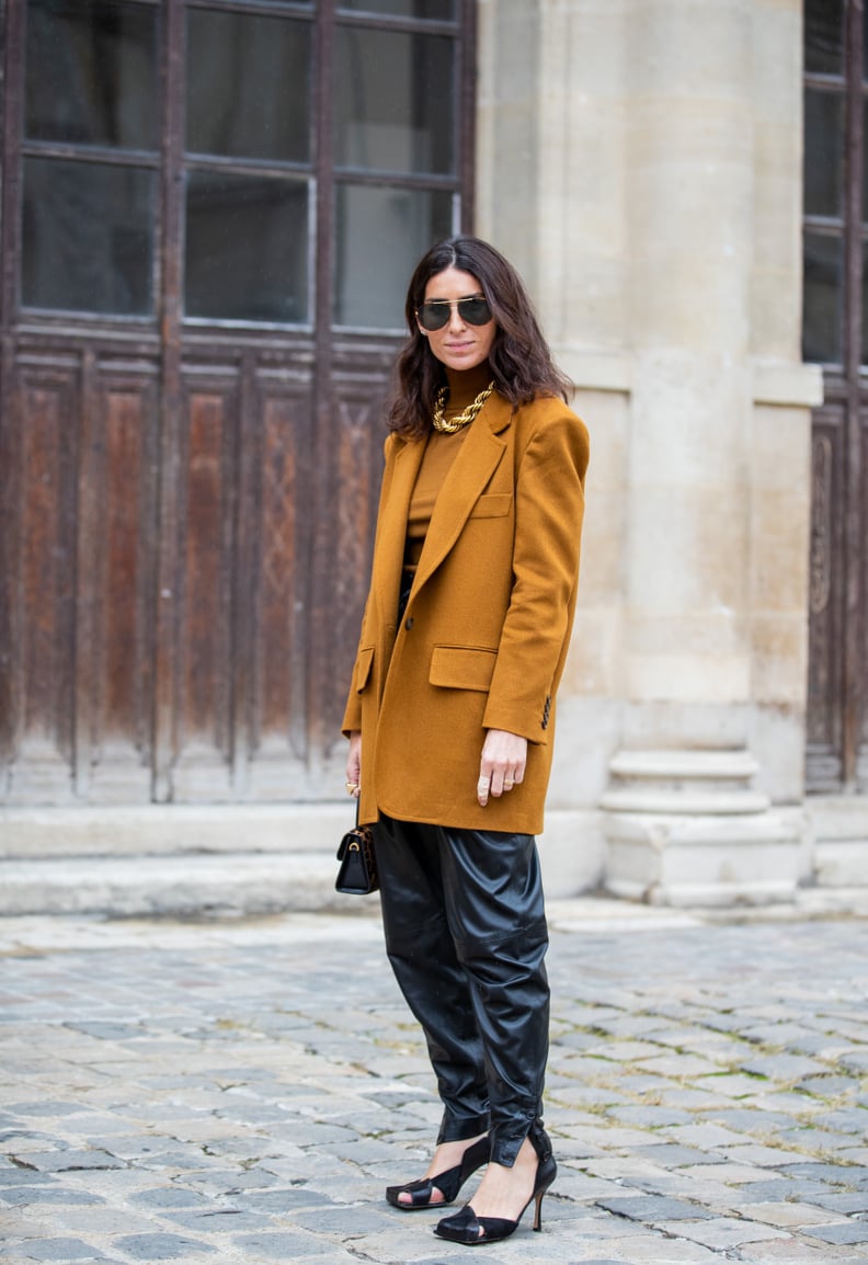 Leather Pants Outfit Idea: Burgundy Belted Leather Blazer +