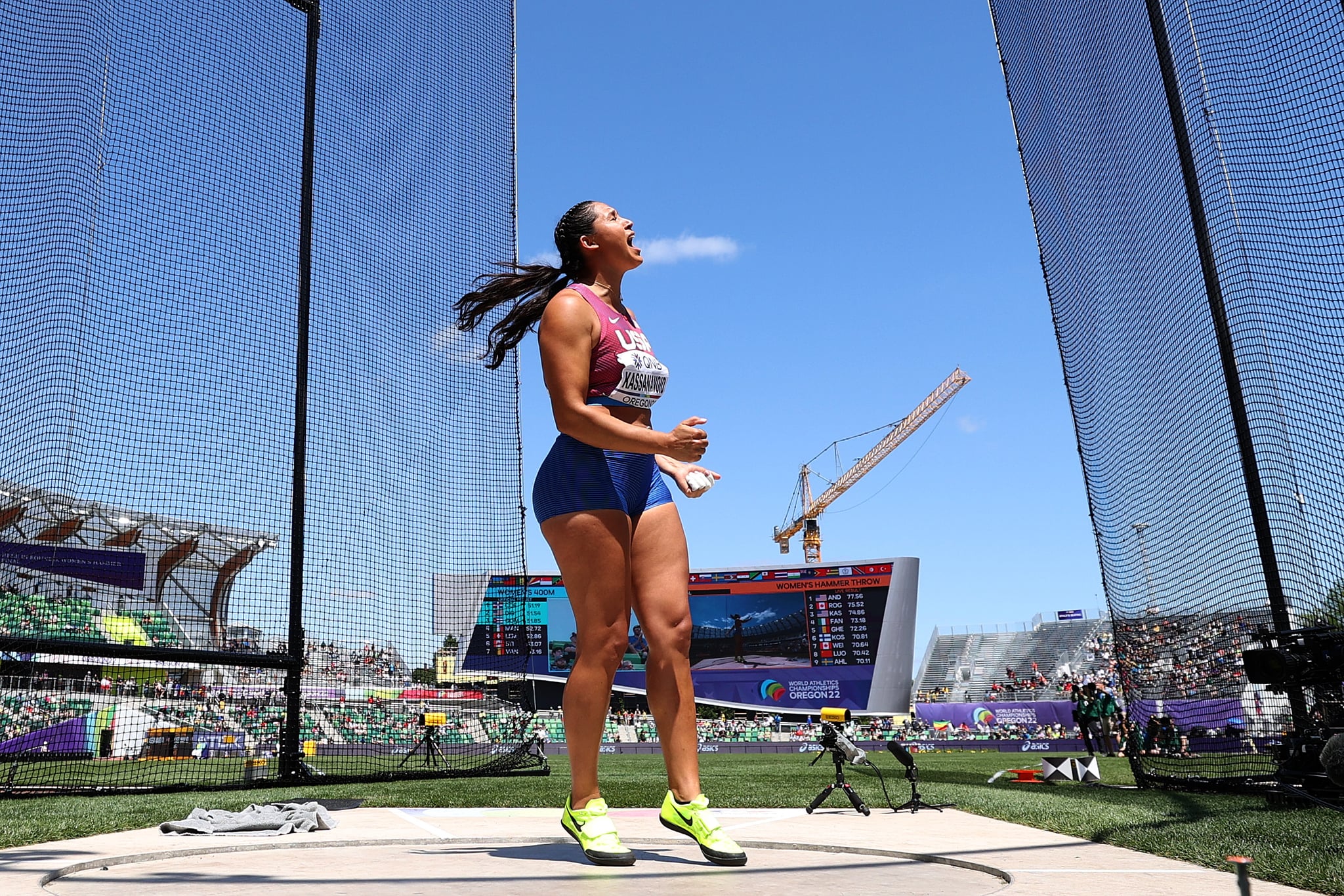 Janee' Kassanavoid of Team USA reacts while competing in the Women's Hammer Throw Final at the World Athletics Championships Oregon22 at Hayward Field on July 17, 2022 in Eugene, Oregon. (Photo by Christian Petersen/Getty Images)