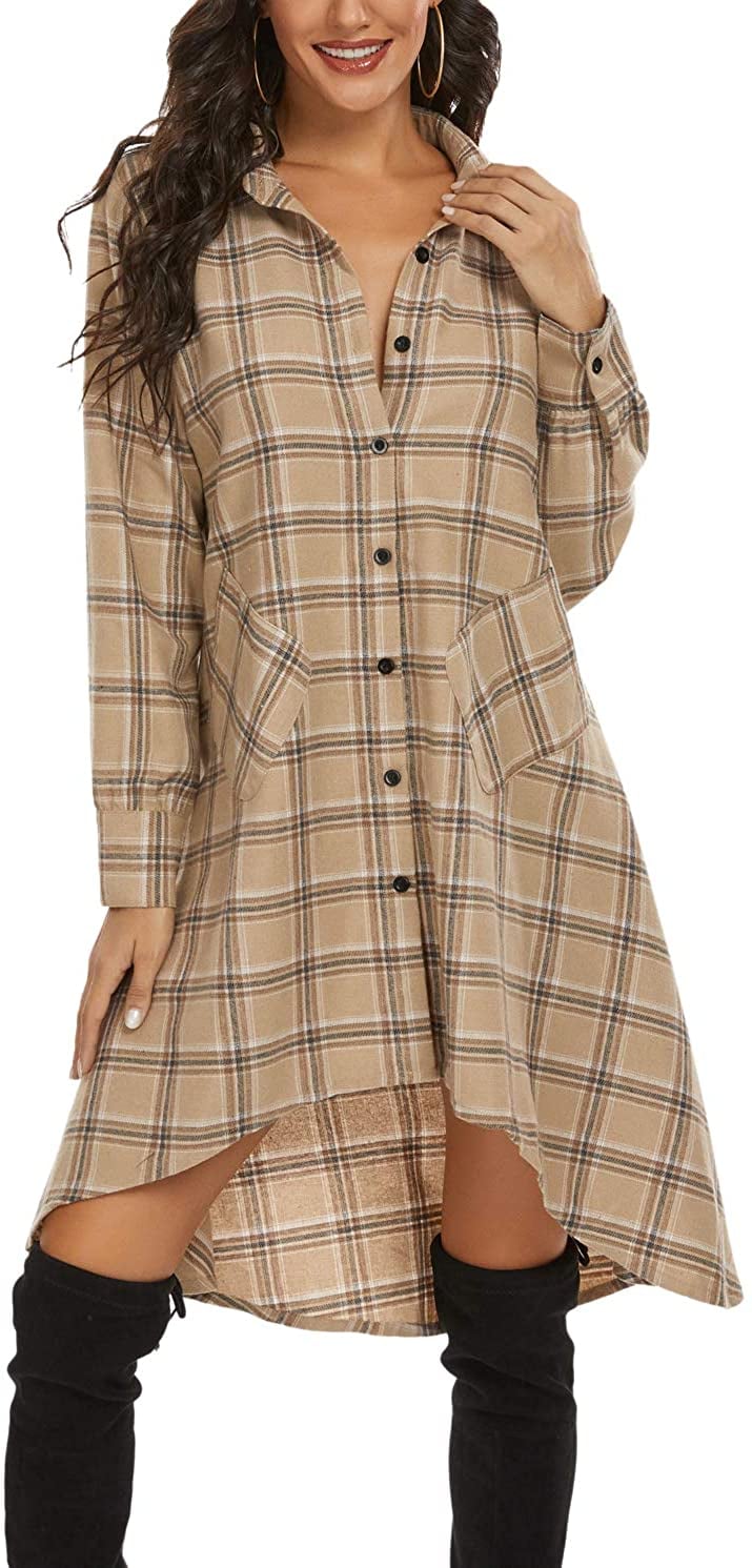 Olrain Plaid Irregular-Hem Casual Shirt Dress